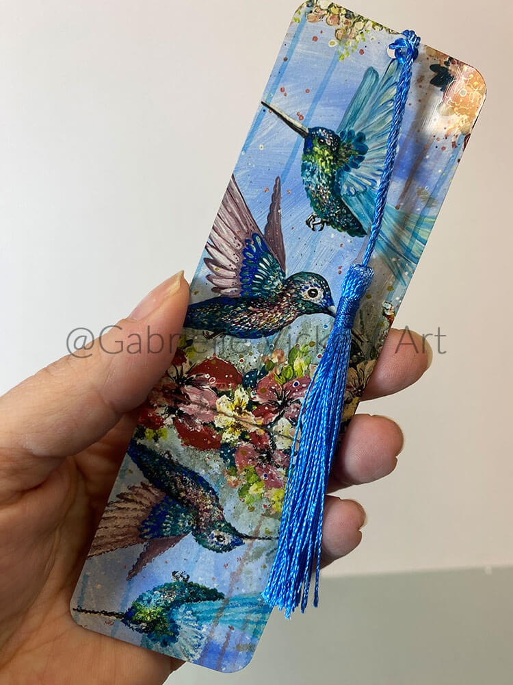Brushed metal bookmarks with tassles - Hummingbird design
