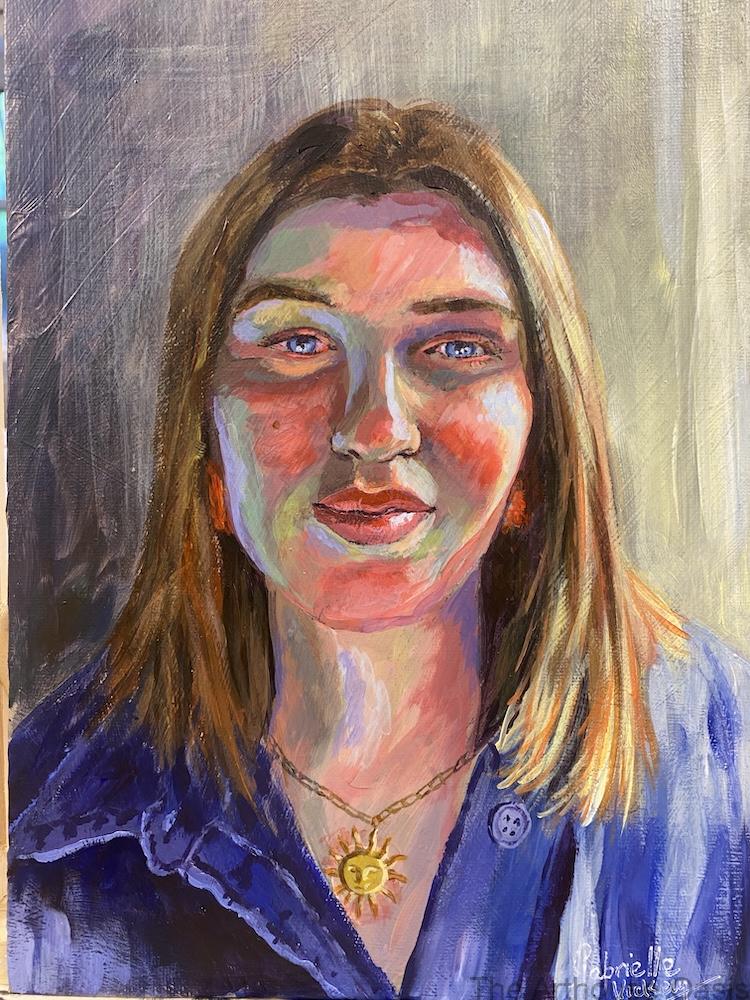 Acrylic painting of a portrait of a woman with blue shirt