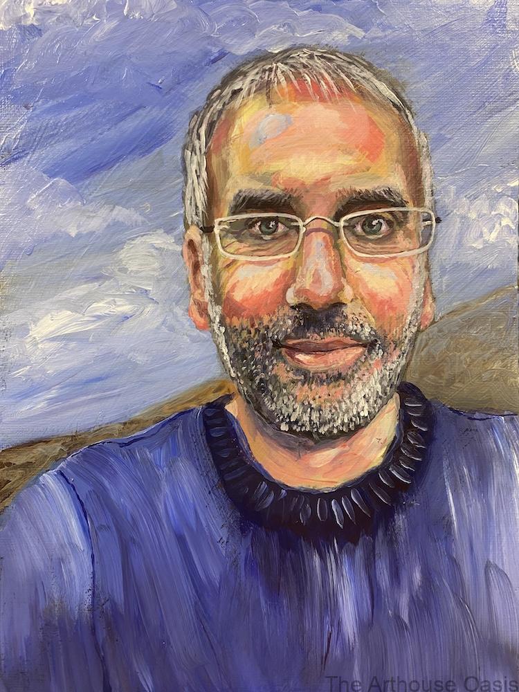 Acrylic Painting of a man wearing glasses and a blue jumper standing on a hill