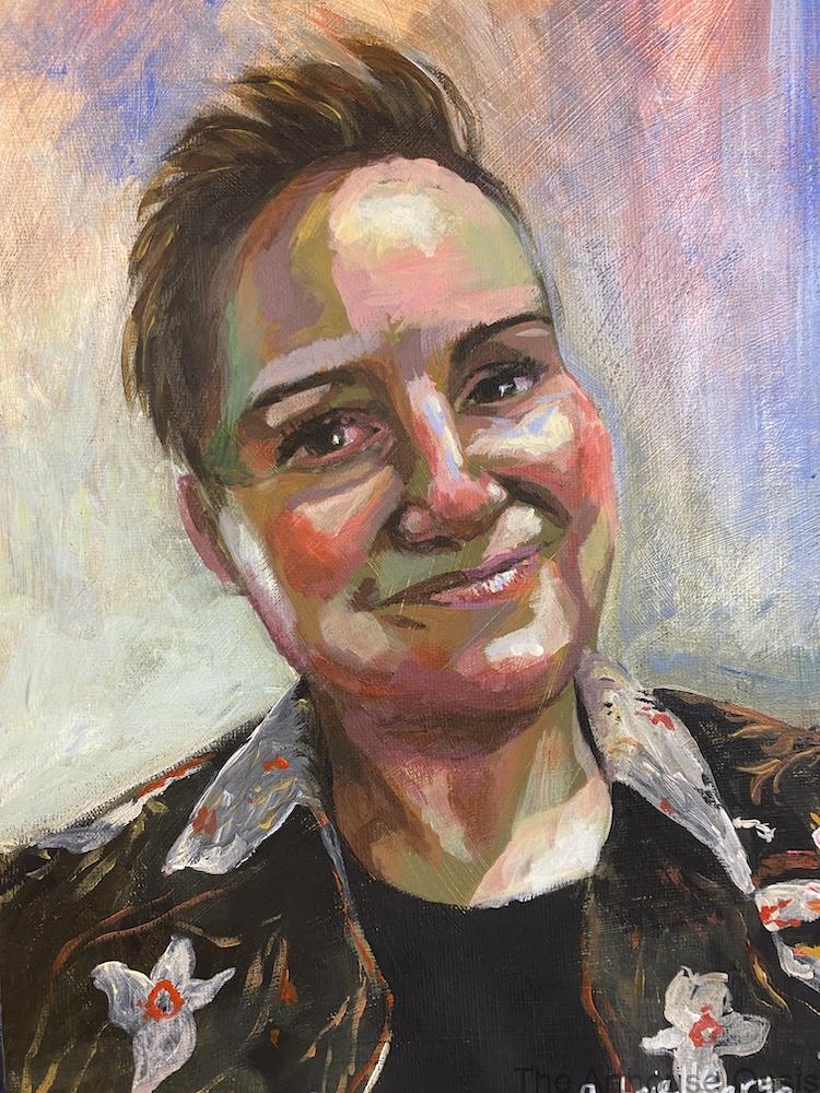 Self portrait acrylics on canvas, face with black shirt