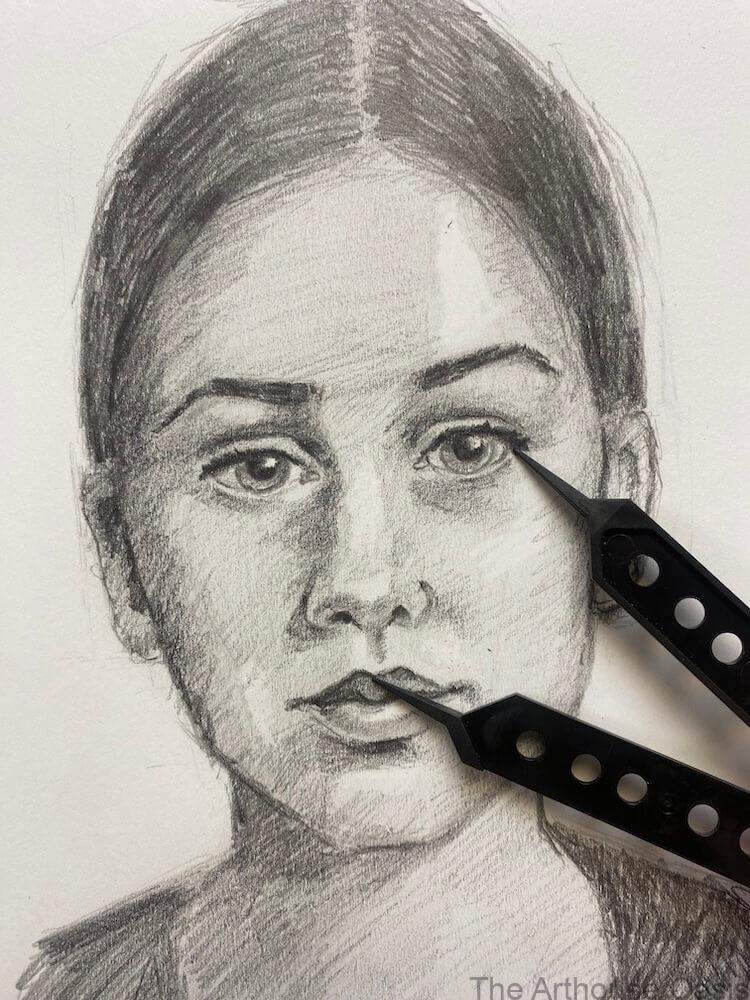 Pencil portrait of a young woman being measured with a proportional divider.