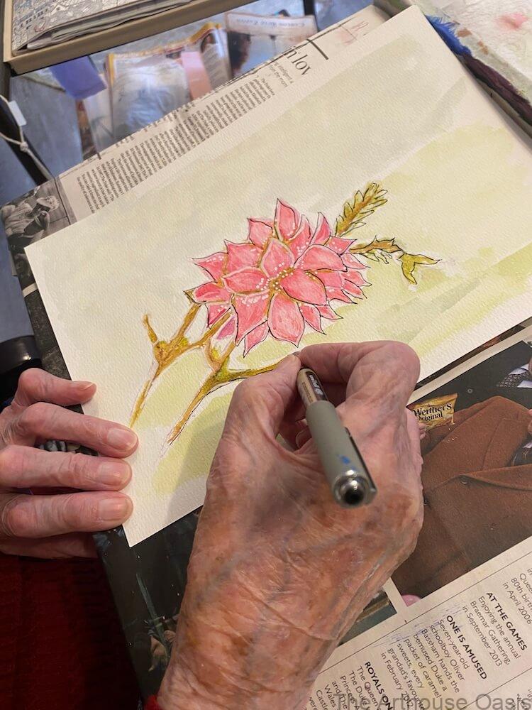 Watercolour flower painting by 99-year-old beginner art student