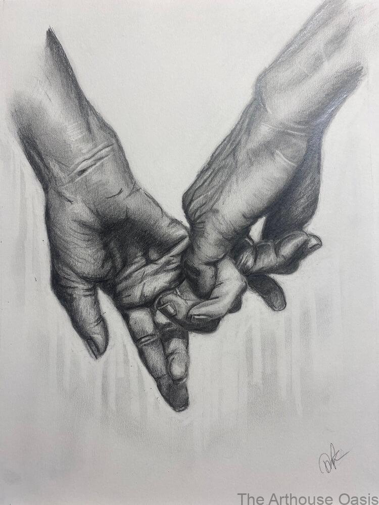 Finished realistic pencil drawing of two hands holding fingers, showing detailed shading and texture.