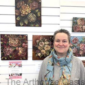 Rustic Bloom oil paintings displayed inside Bishop’s Stortford Tourist Information Centre with floral artworks arranged on exhibition for one month.