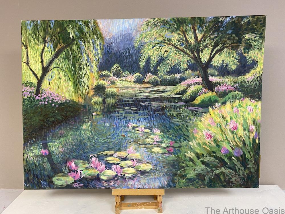 Monet style acrylic painting of a lake with waterlilies