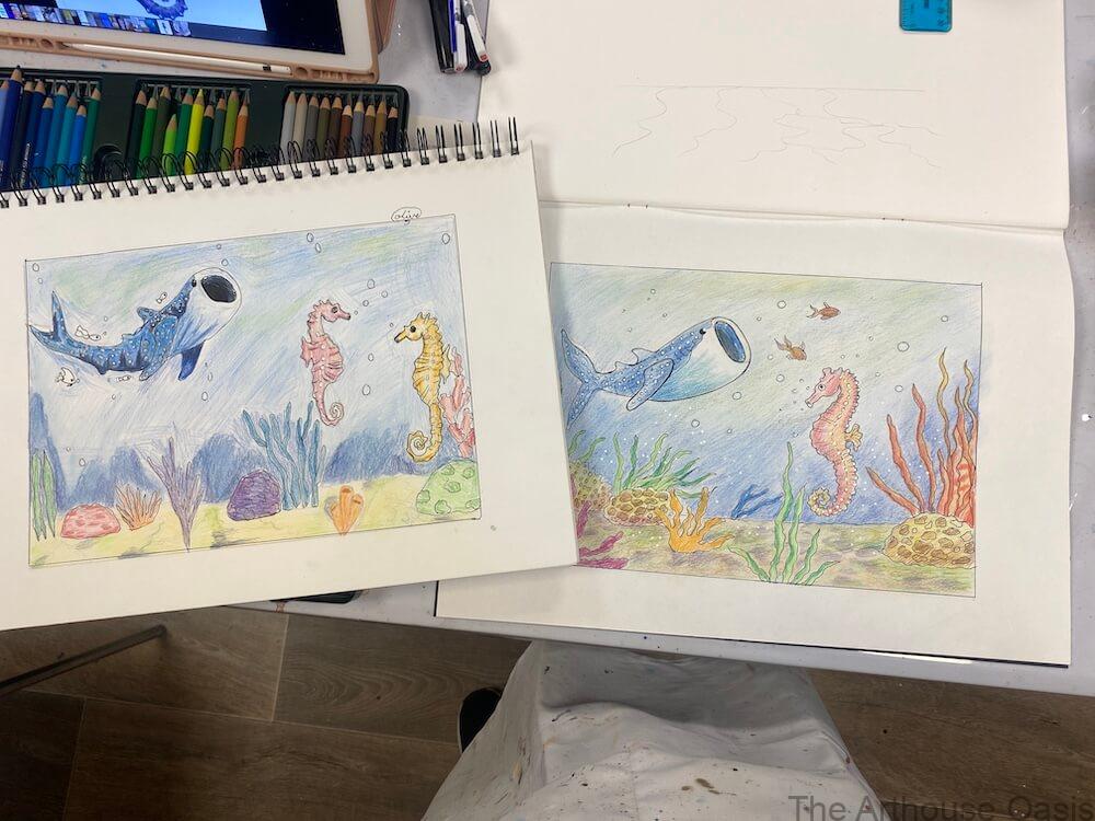 Two finished underwater drawings with whale shark and seahorses by young artists in Bishop’s Stortford
