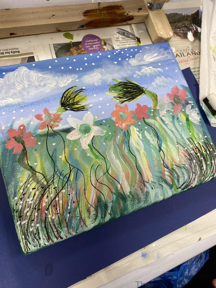Loose expressive acrylic painting of flowers and grasses on canvas in a Bishop’s Stortford art class.