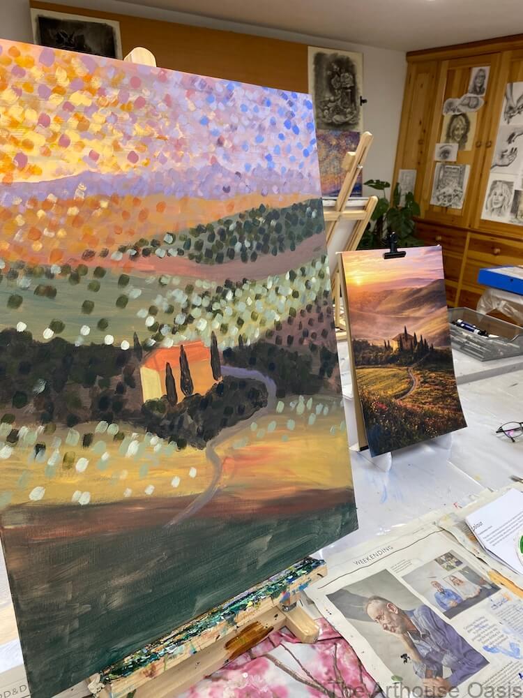 Close-up of early layers in a Tuscany inspired Monet style landscape painting.