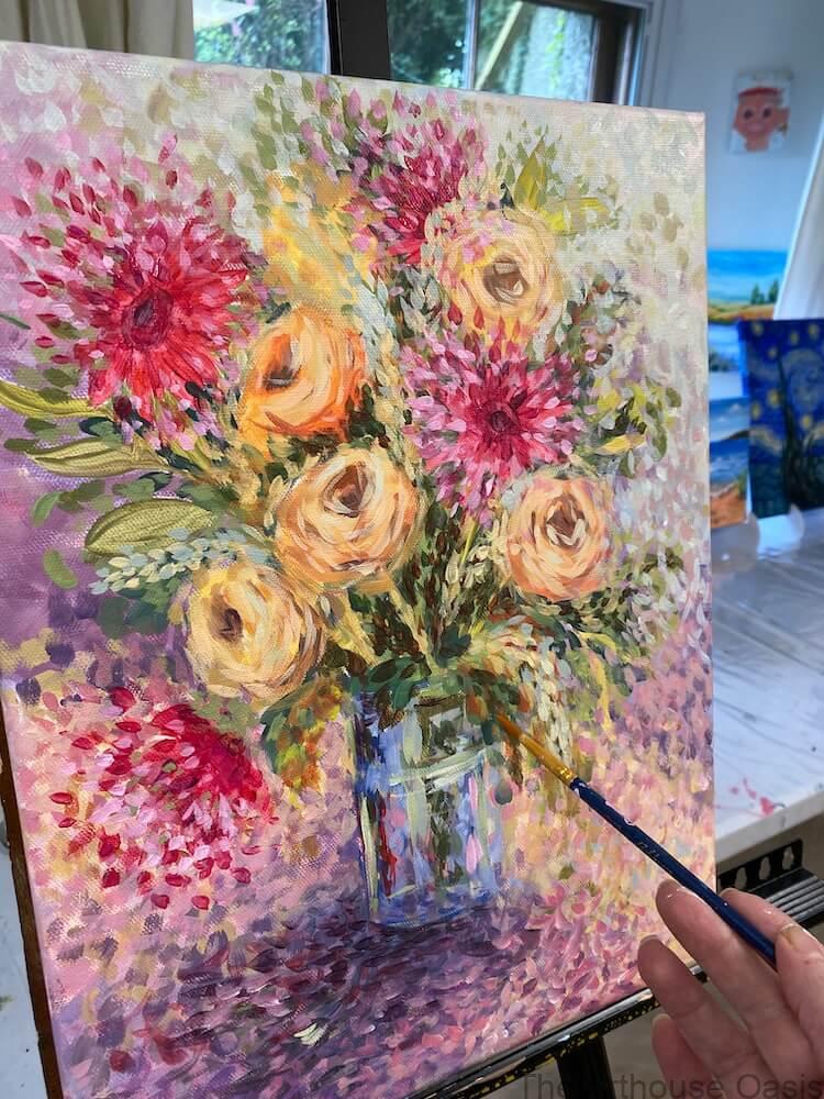 Finished acrylic floral vase painting with pink flowers and impressionist style textures.