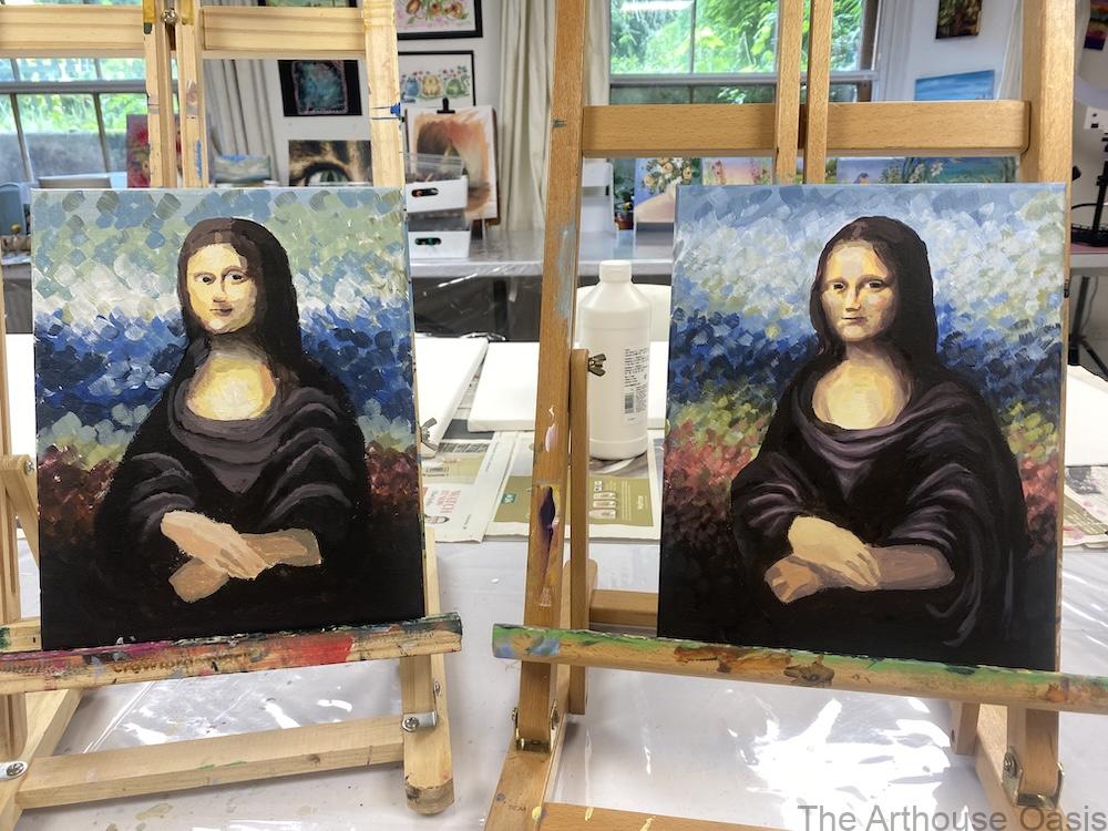 Student acrylic paintings inspired by Leonardo da Vinci's Mona Lisa using impressionistic brushwork.