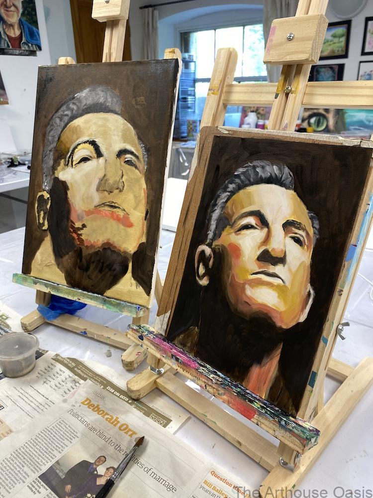 Two acrylic portrait studies of Bruce Springsteen exploring dramatic lighting, bold brushwork and expressive colour.