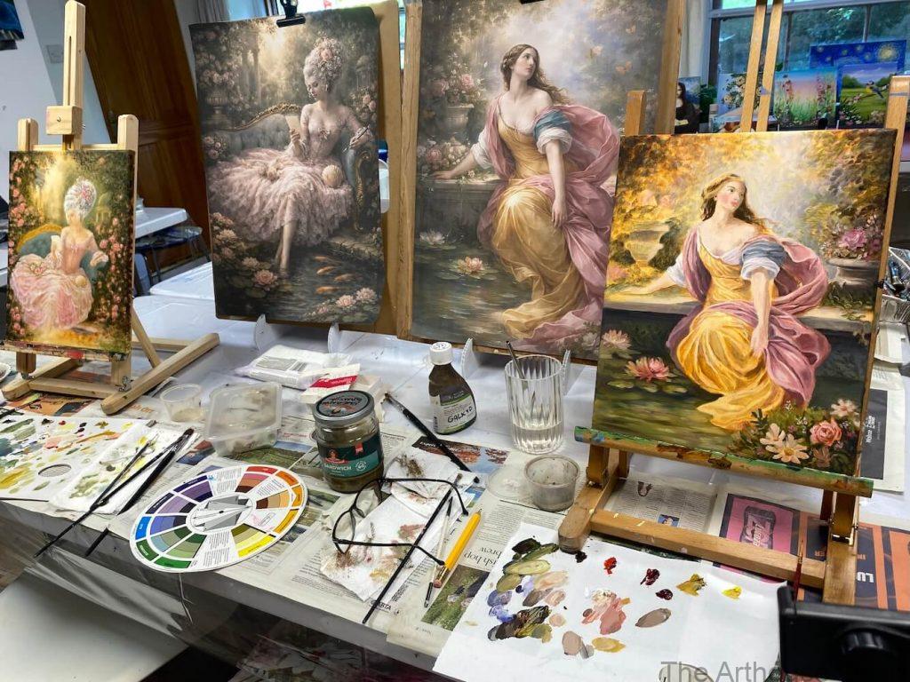 Collection of Rococo inspired oil paintings in progress and references displayed together in the artist's studio.